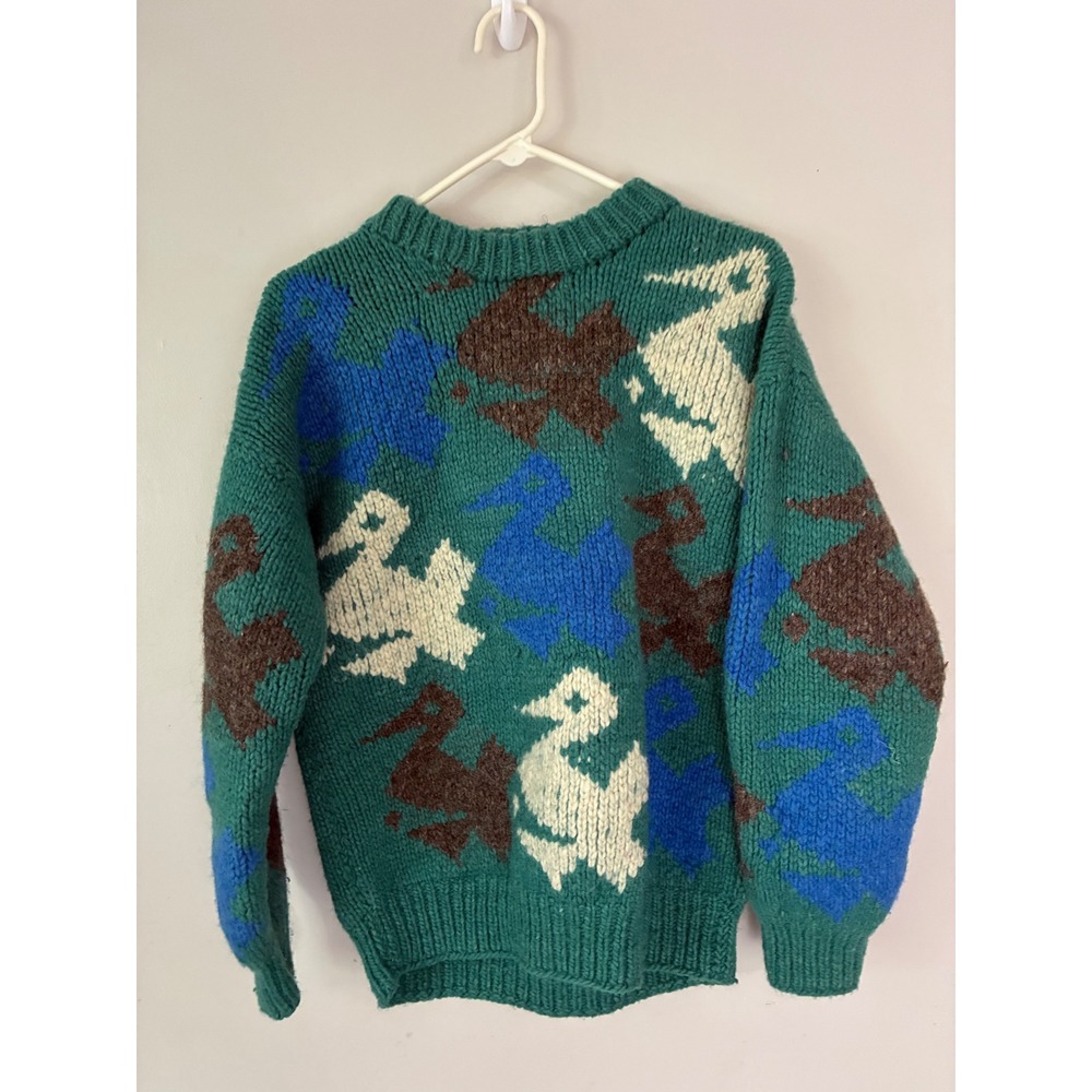 Wool Originals Sweater Unisex L Green Hand Made Ecuador Virgin Wool Bird Knit